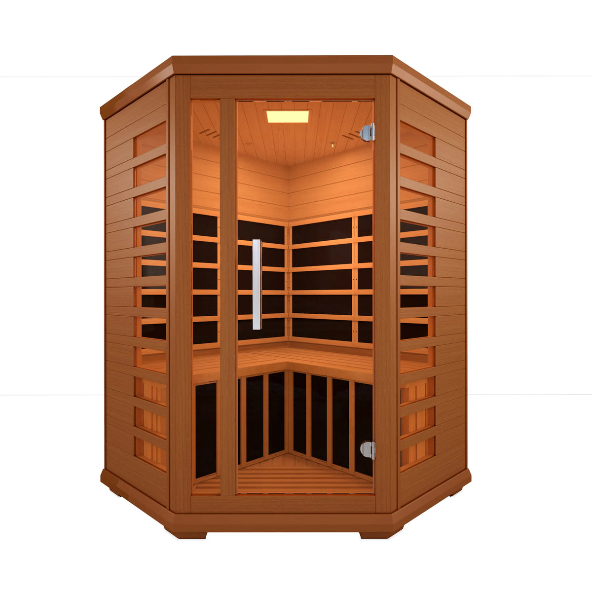 Wood two-person infrared sauna, open door showing back heater and corner bench