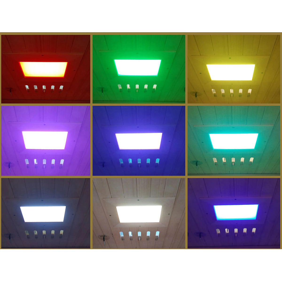 Infrared sauna ceiling LEDs showing multicolor glow: red, green, blue, purple