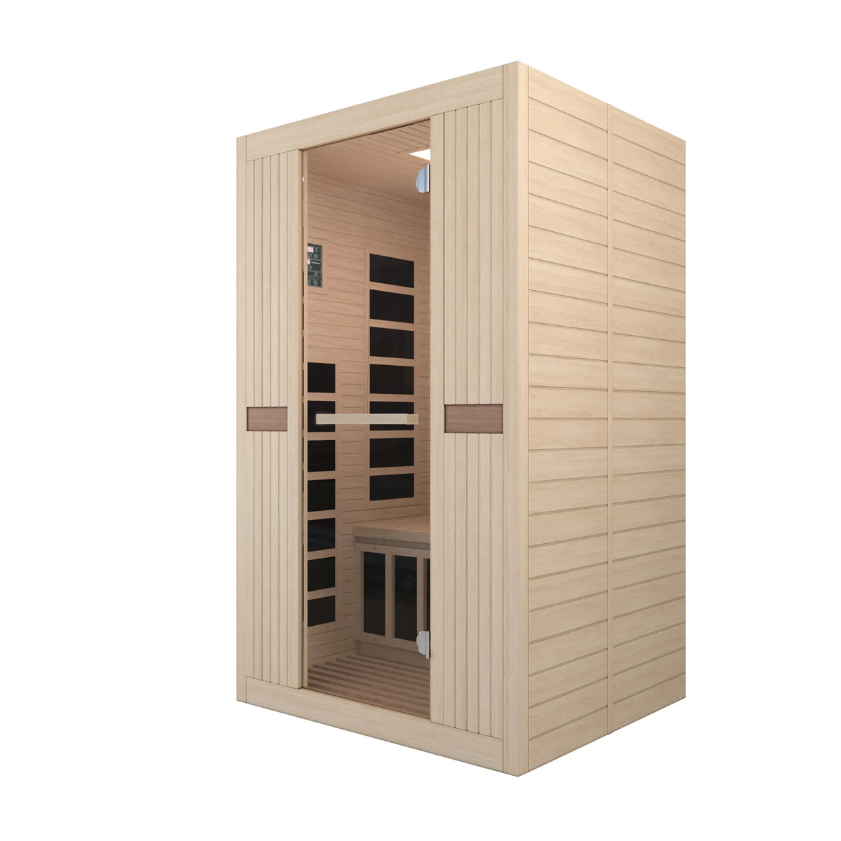 Light wood infrared sauna exterior with open doorway revealing heater controls
