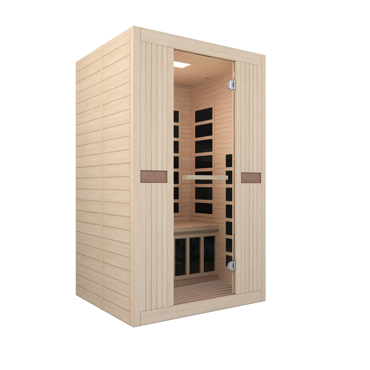 Light wood infrared sauna with open door and black-paneled heater wall