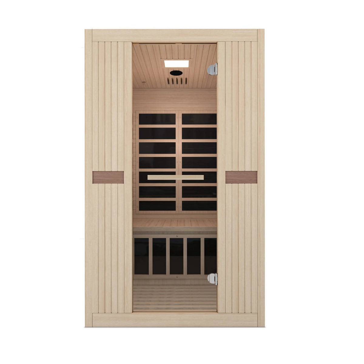 Light wood infrared sauna front view with door opening and black glass heater