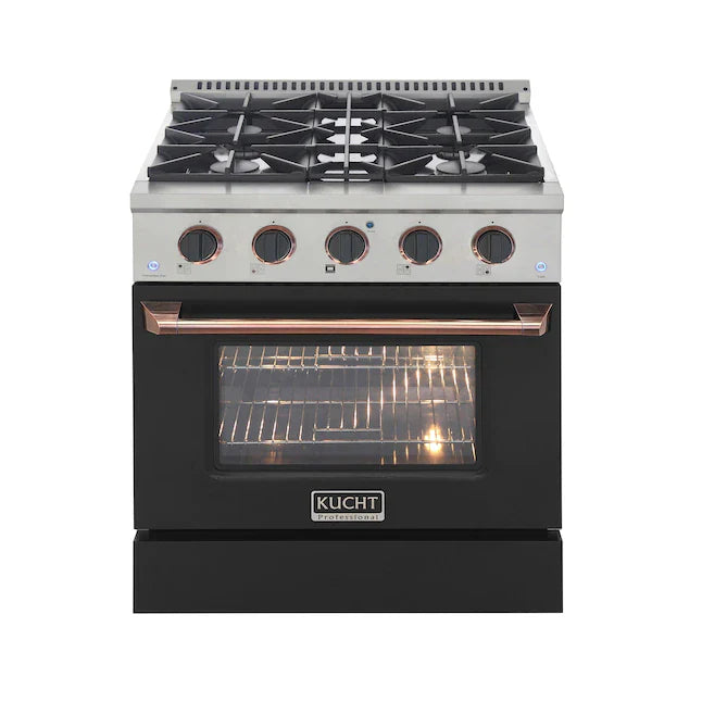 Black Kucht propane gas range with convection oven window and rose-gold trim handle