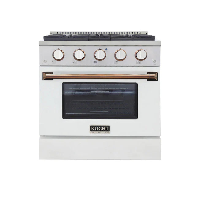 Kucht stainless steel pro-style dual fuel range with white oven door and gold handle