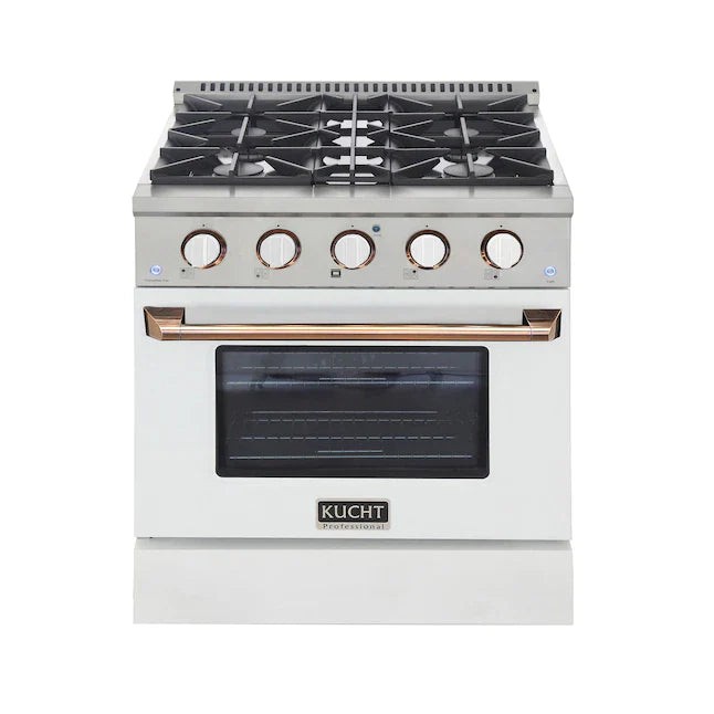 Stainless steel dual fuel range with front burner grates, white oven door, and gold trim handle