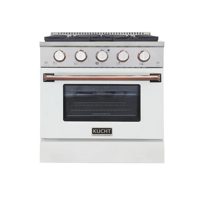 White pro-style dual fuel range with rose-gold knobs and glass oven door