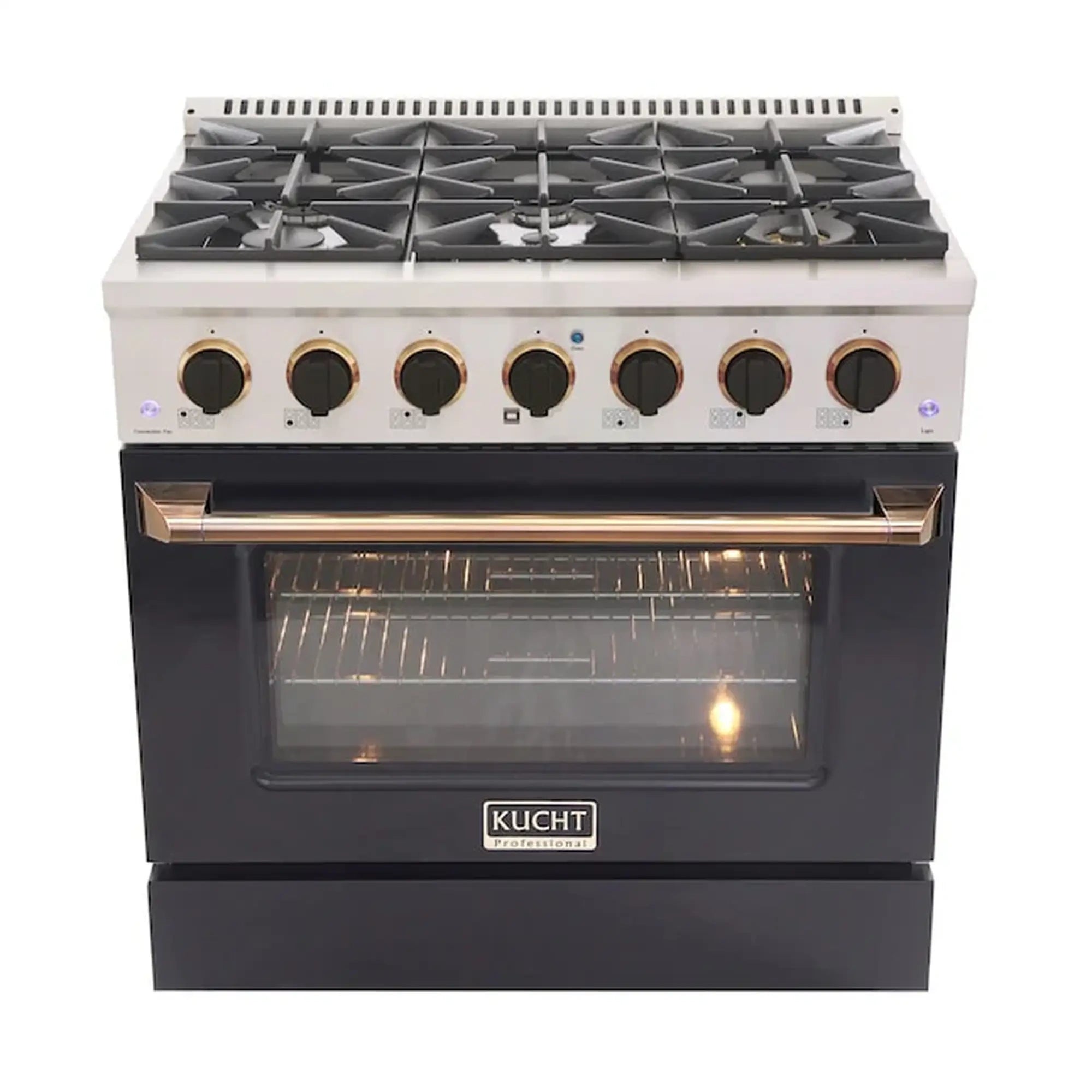 Olive green Kucht gas range with burner grates and silver control knobs