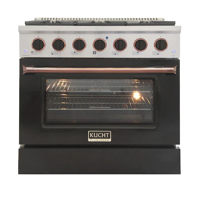 Stainless steel pro-style dual fuel range with black oven door and rose gold control knobs