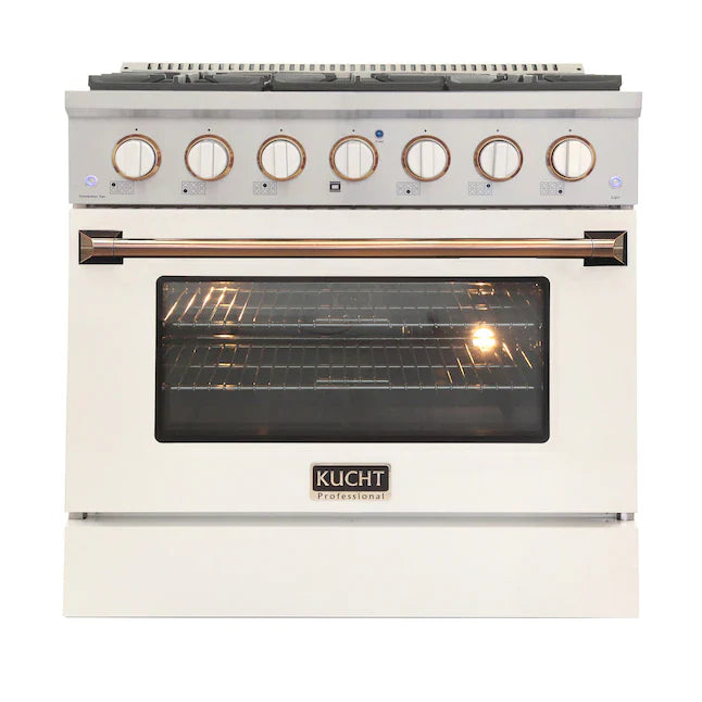 White pro-style dual fuel range with oven door, bronze control knobs, and viewing window