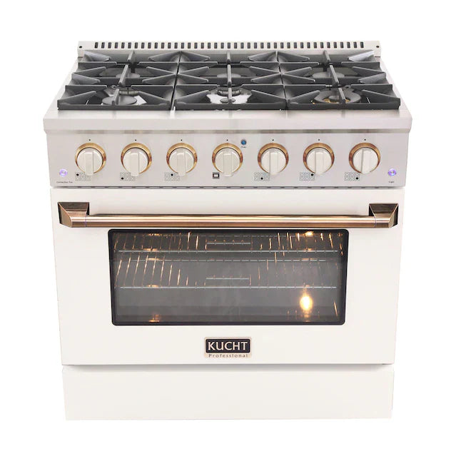 White 36-inch propane gas range with convection oven, gold handles, and front control knobs.