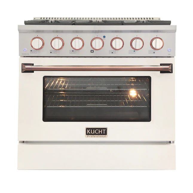 White 36-inch pro-style dual fuel range with rose gold control knobs and open oven door