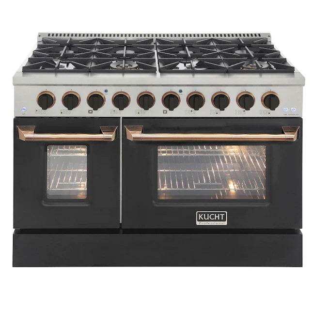 Black dual fuel range with stainless cooktop and two oven windows, front control knobs