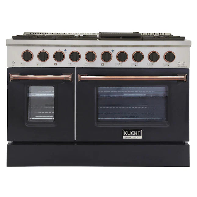 Pro-style dual fuel range with black glass oven doors and rose-gold bar handles