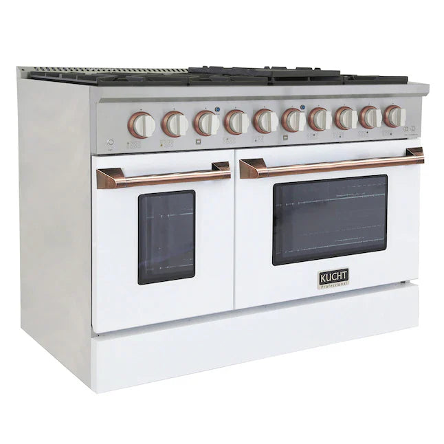 Pro-style dual fuel range with rose-gold trim and two dark oven windows