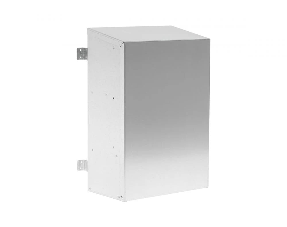 Outdoor wall blower housing, white rectangular box with mounting brackets