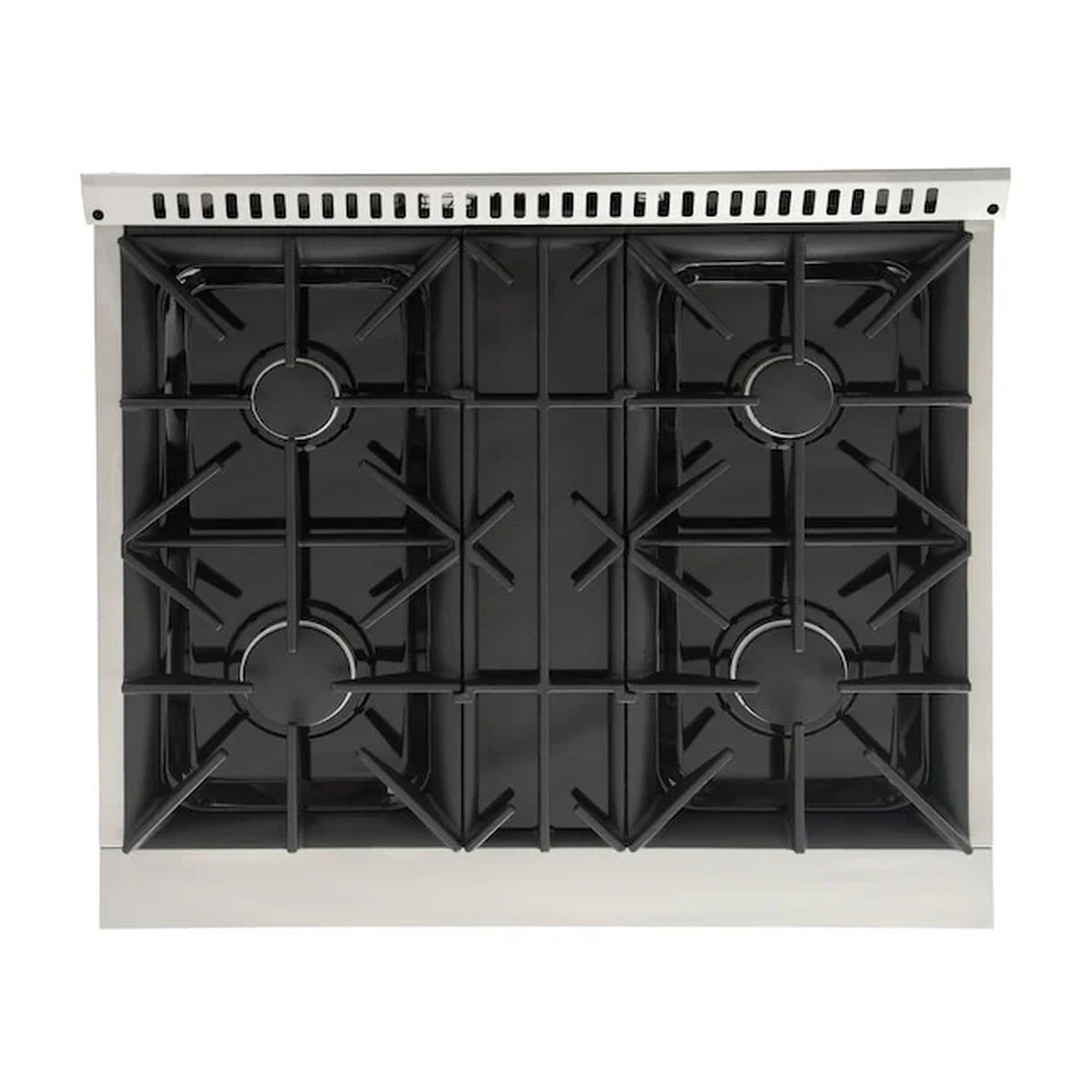 Light blue dual fuel range with 4 black gas burner grates and burners visible