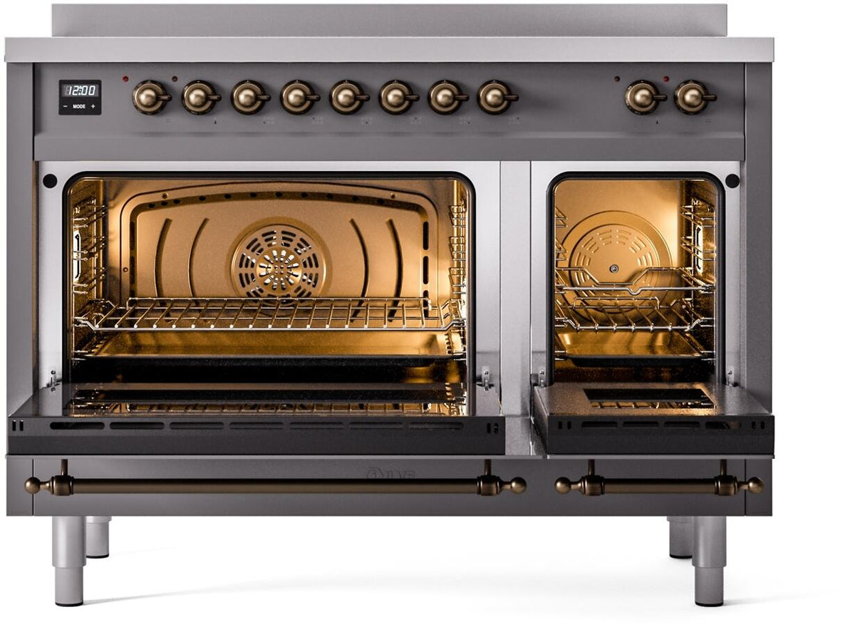 Range with both oven compartments open, showing lit racks and bronze interior accents