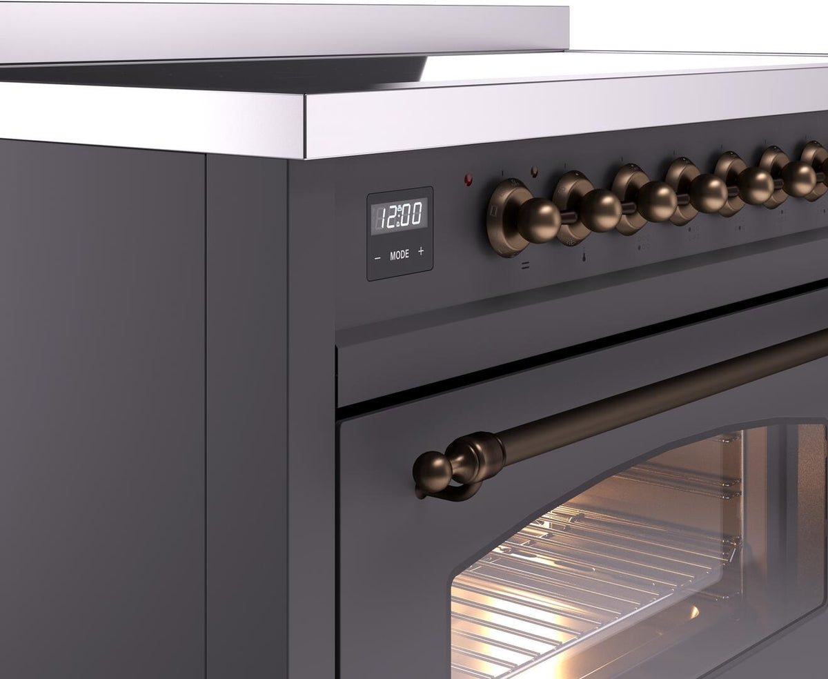 Range control panel close-up with digital display and bronze knob row