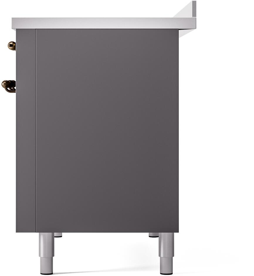 Matte graphite back panel of range with bronze hinge hardware and leveling feet