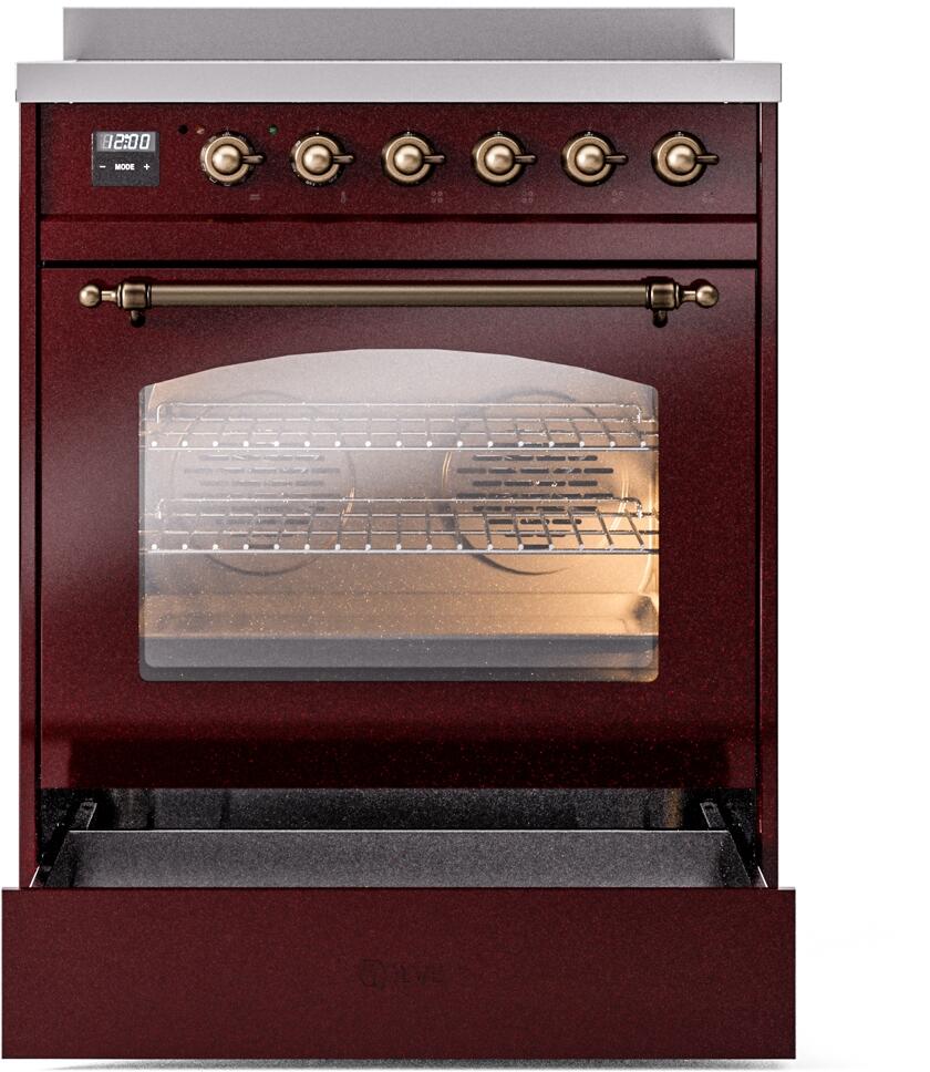 Burgundy electric induction range with open oven door and oven racks visible