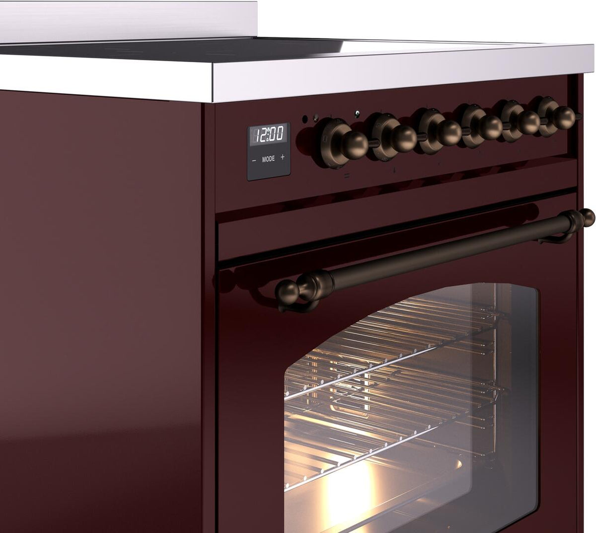 Burgundy electric induction range control knob panel with oven door window