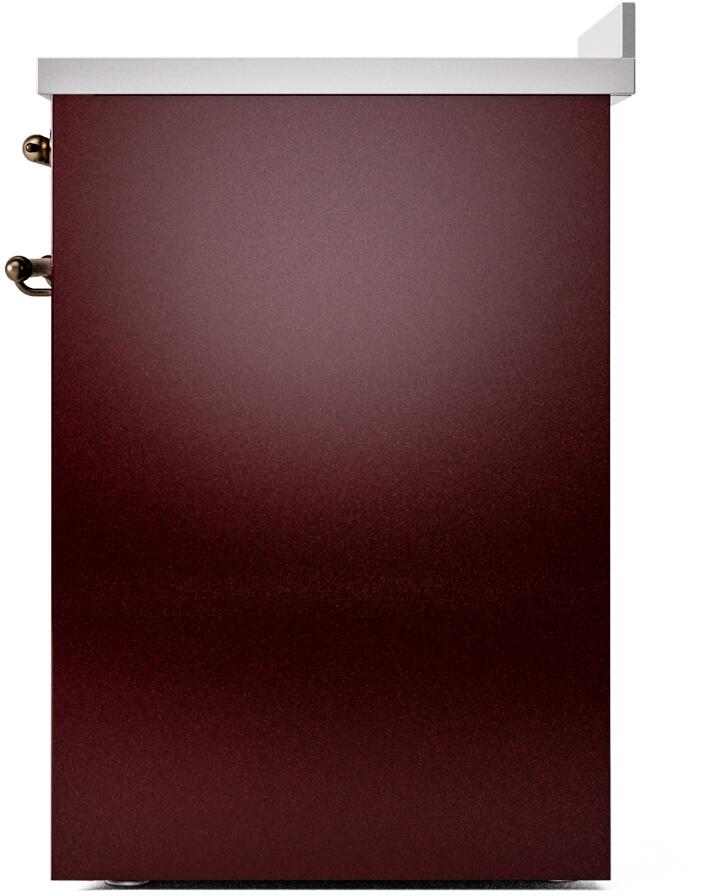 Burgundy electric induction range exterior side with bronze handles and corner trim