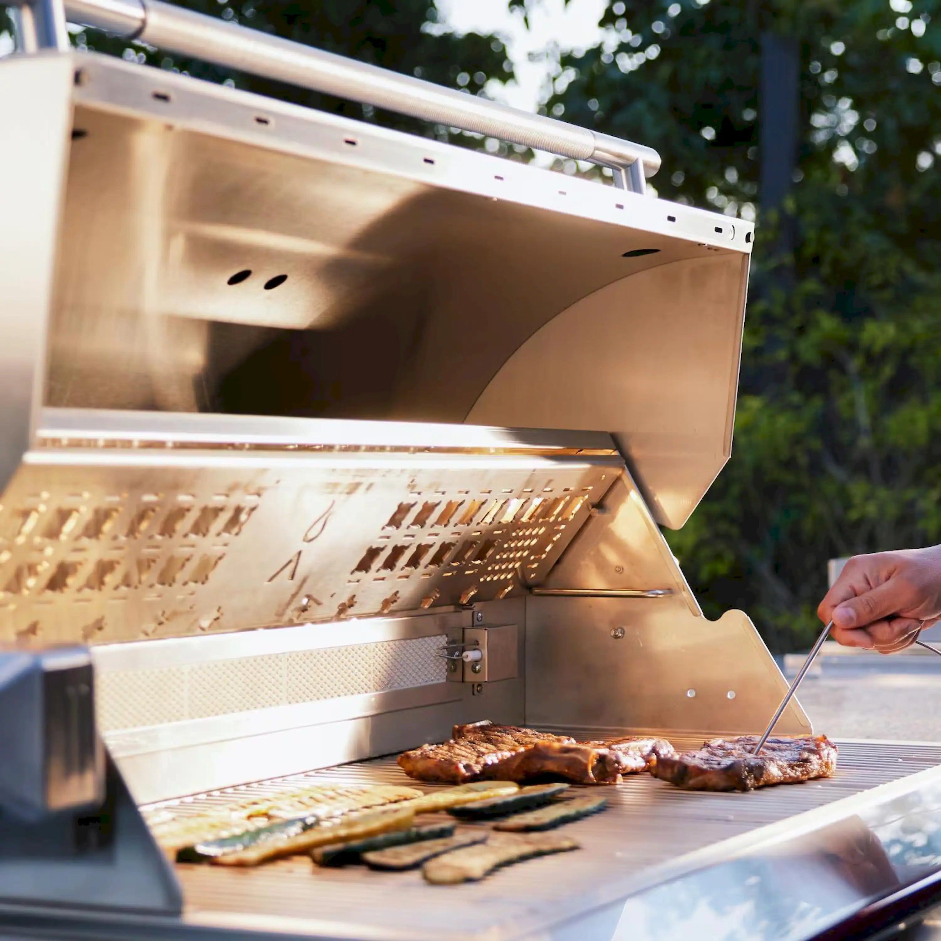 Open-lid stainless steel propane grill with grilling tray and cooked food