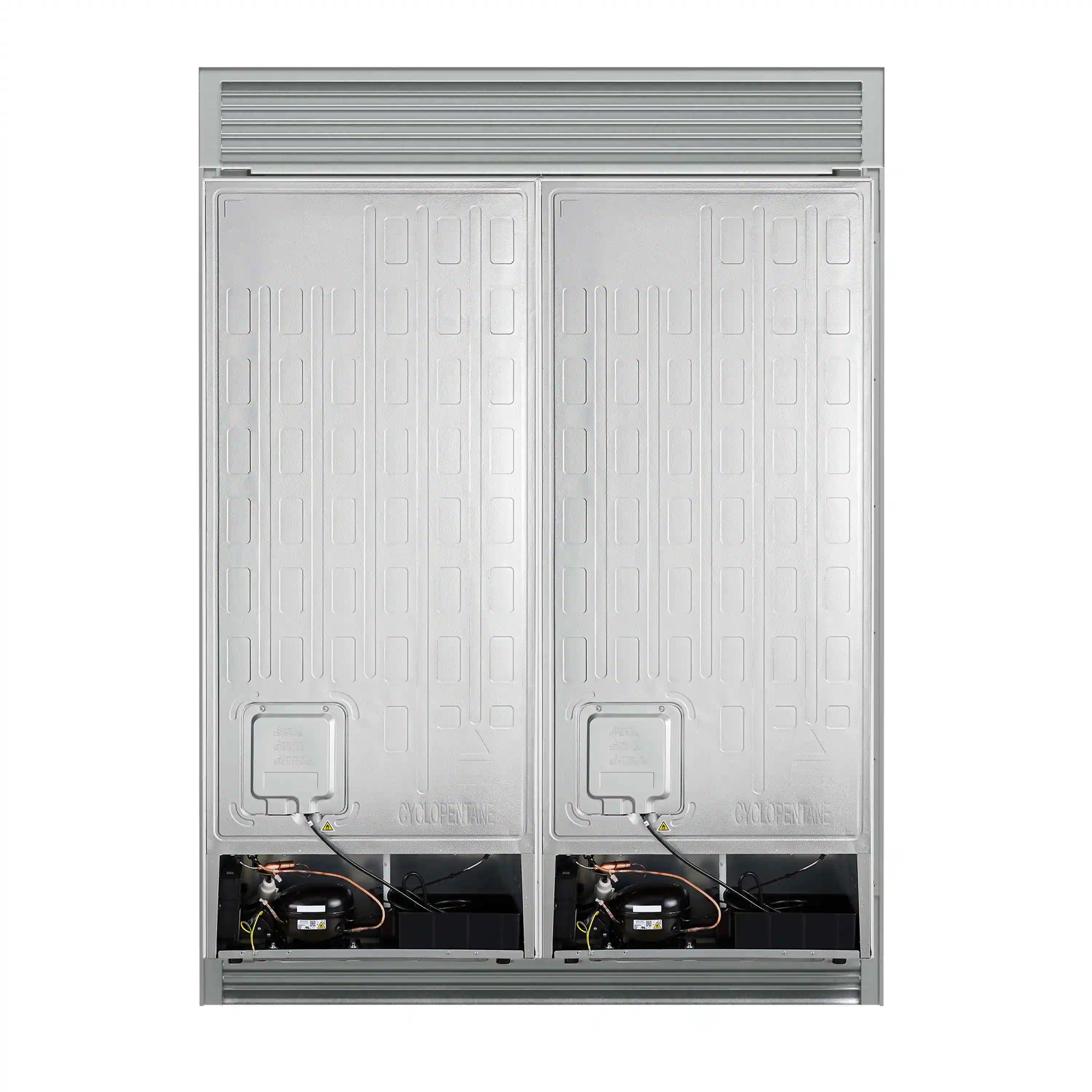 Built-in refrigerator lower service area with wiring and fan housings under grille