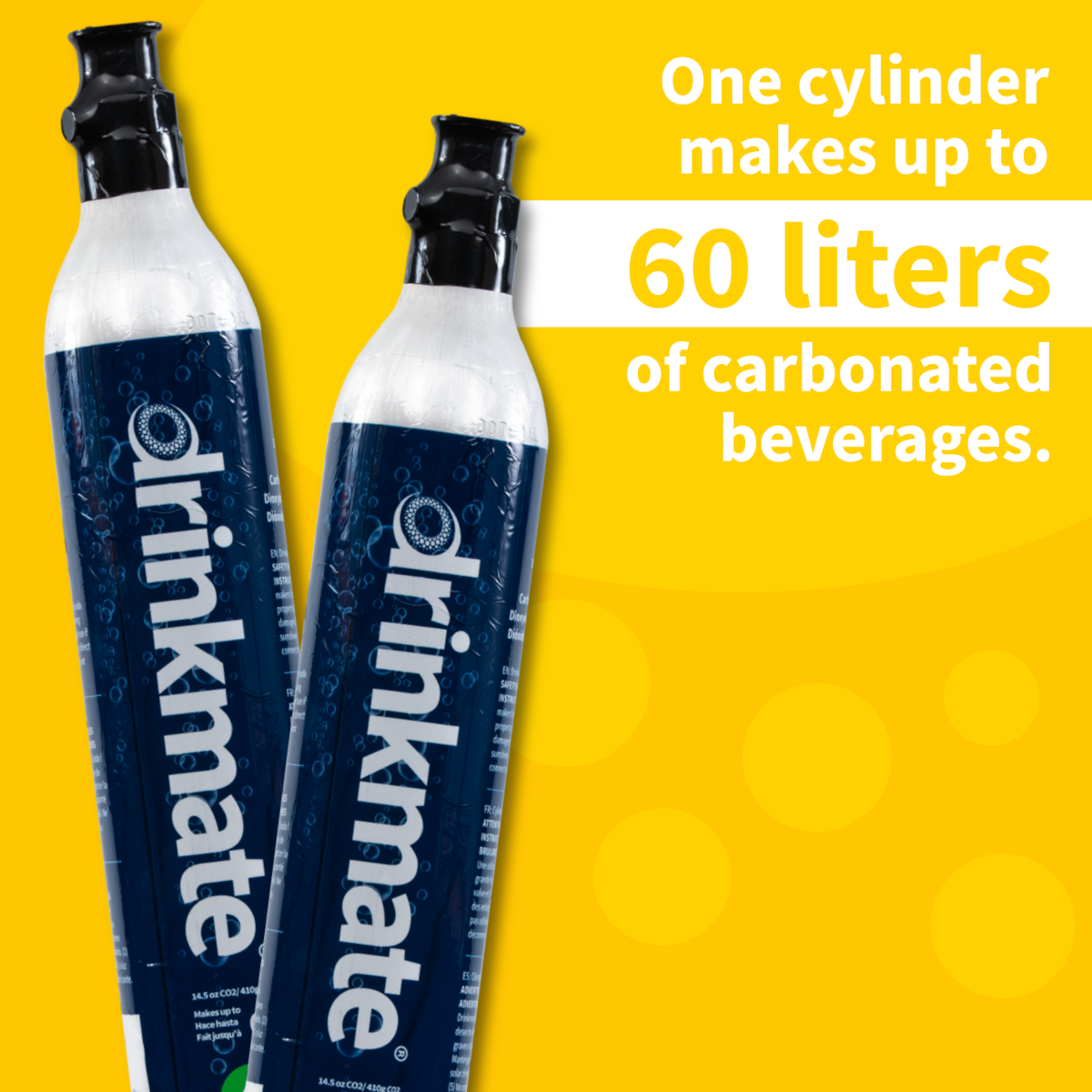 Pair of Drinkmate CO2 refill cylinders with blue labels, silver bodies, black valve caps