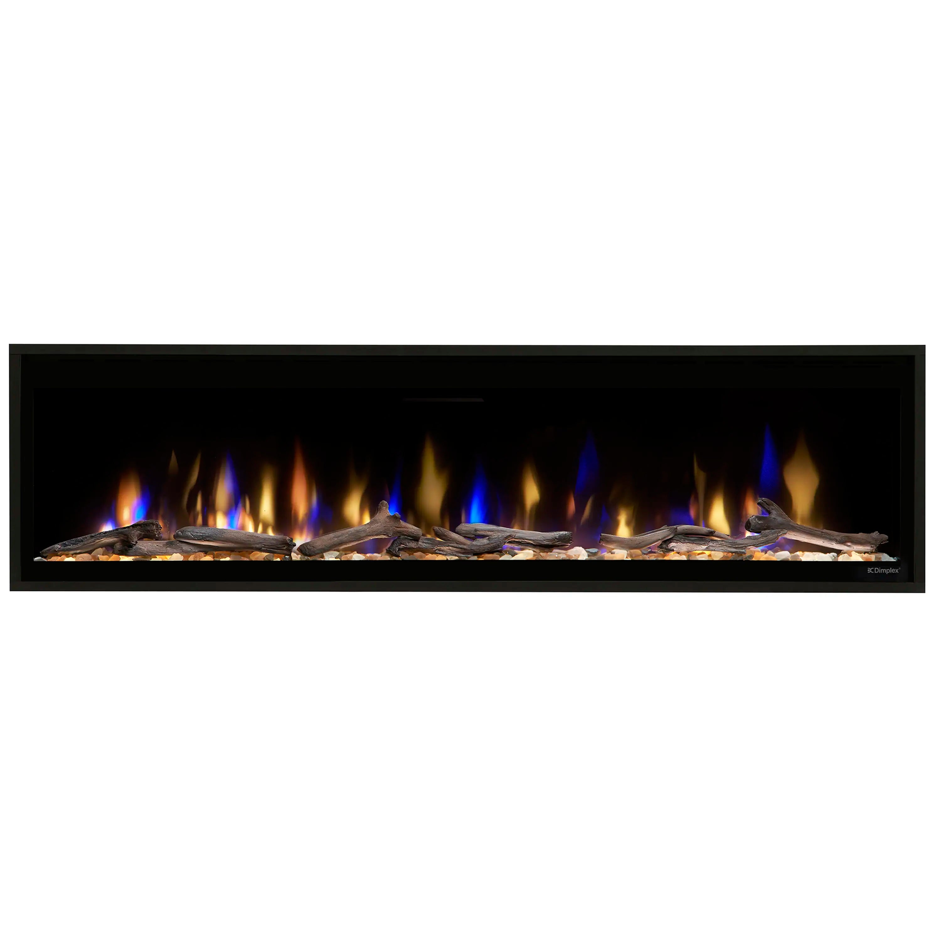 Built-in linear electric fireplace with black frame and blue flame highlights over logs