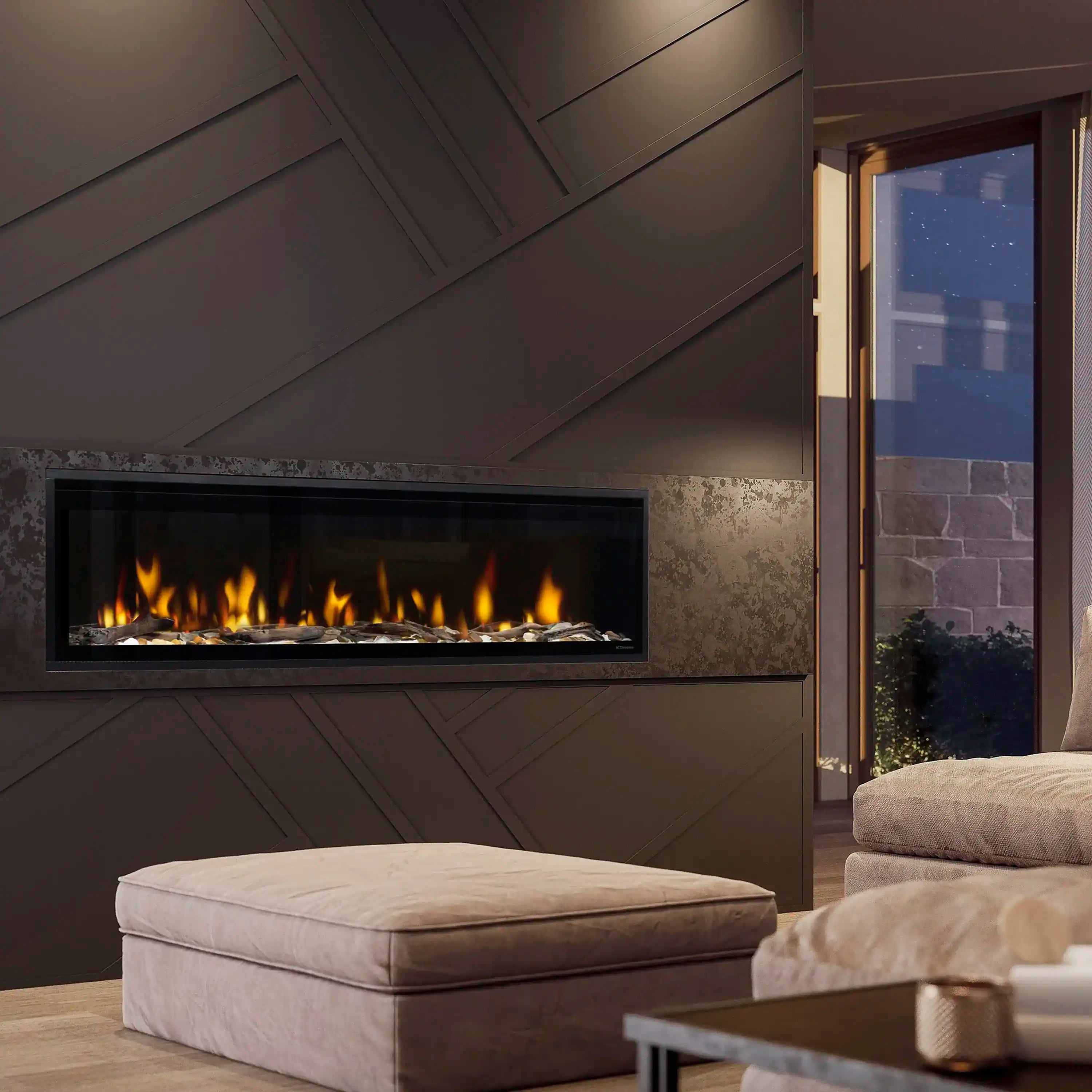 Built-in linear electric fireplace with black frame and orange flame effect