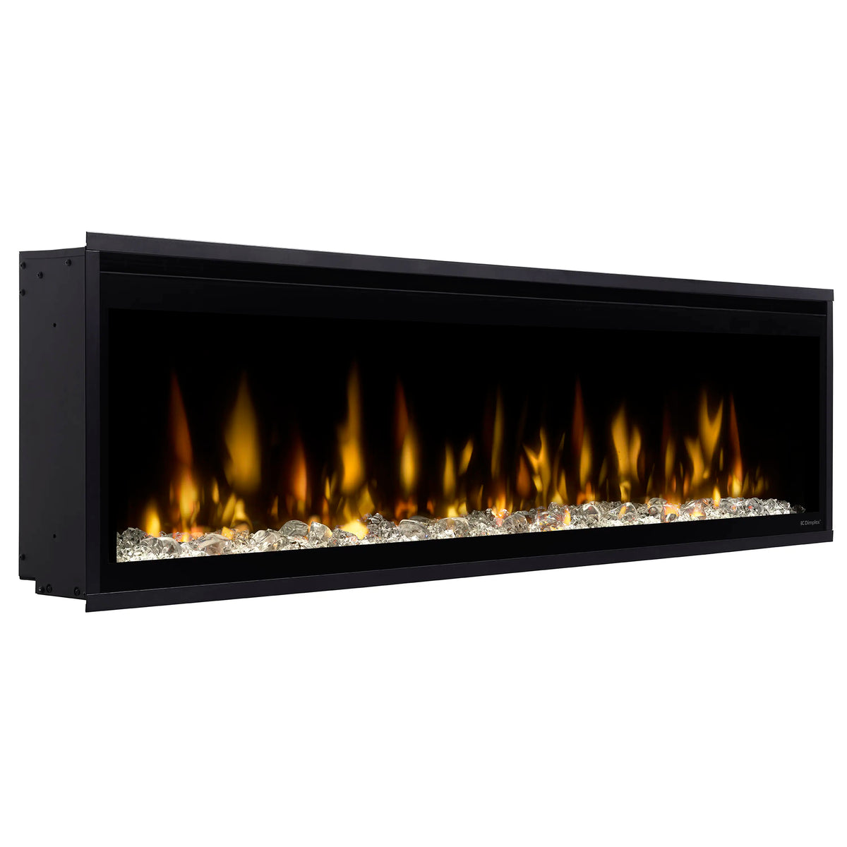 Linear electric fireplace, black frame with orange flames over faux logs and rocks