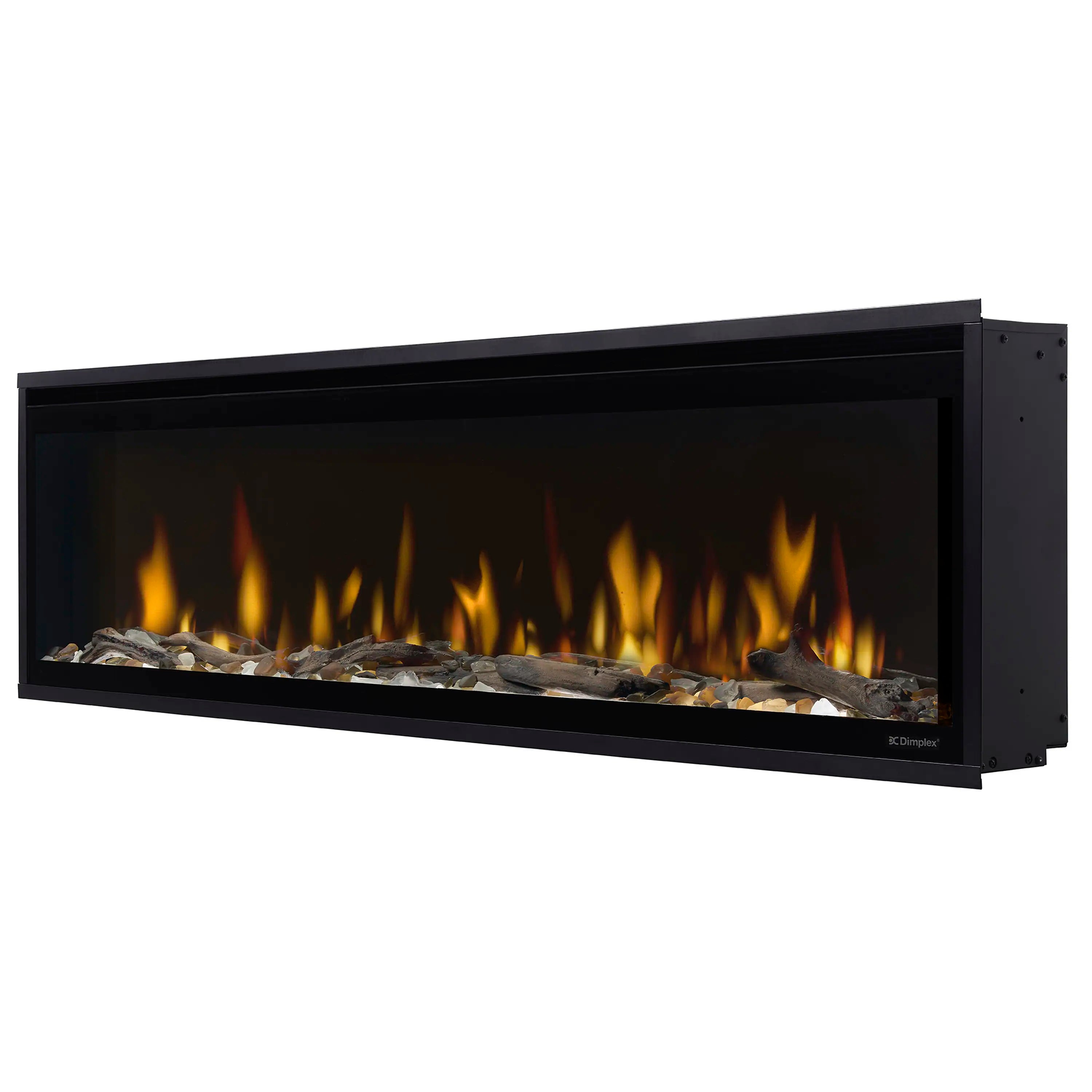 Built-in linear electric fireplace with black frame and orange flames over faux logs