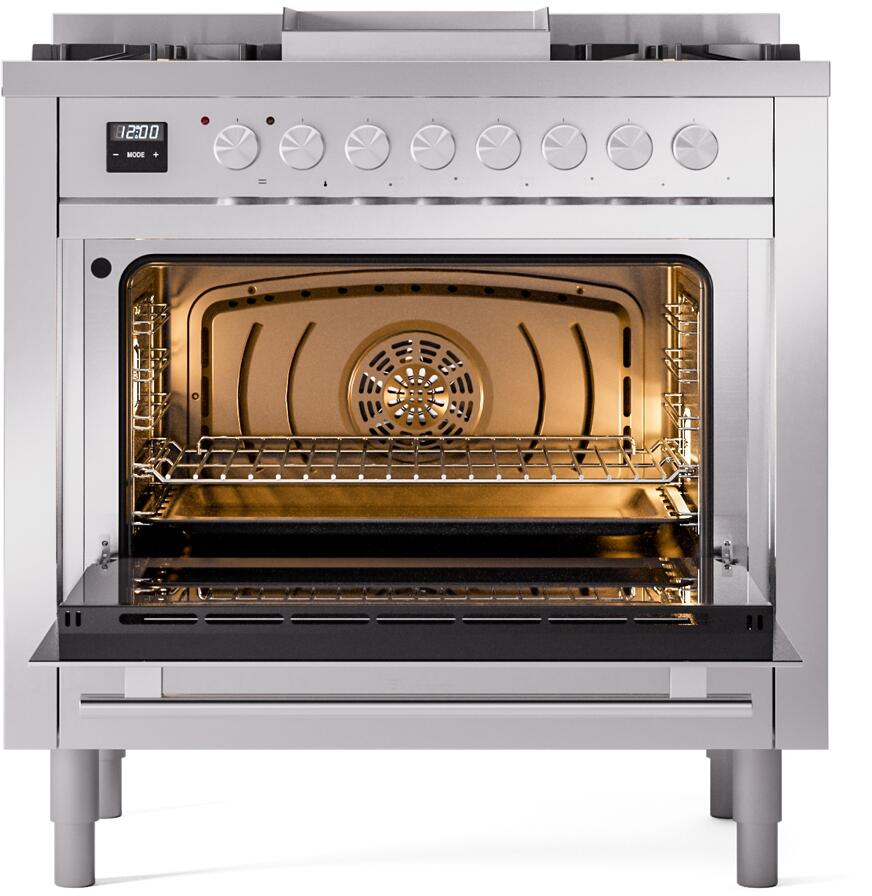 Freestanding dual fuel range oven with full-width rack, burner base, and interior fan
