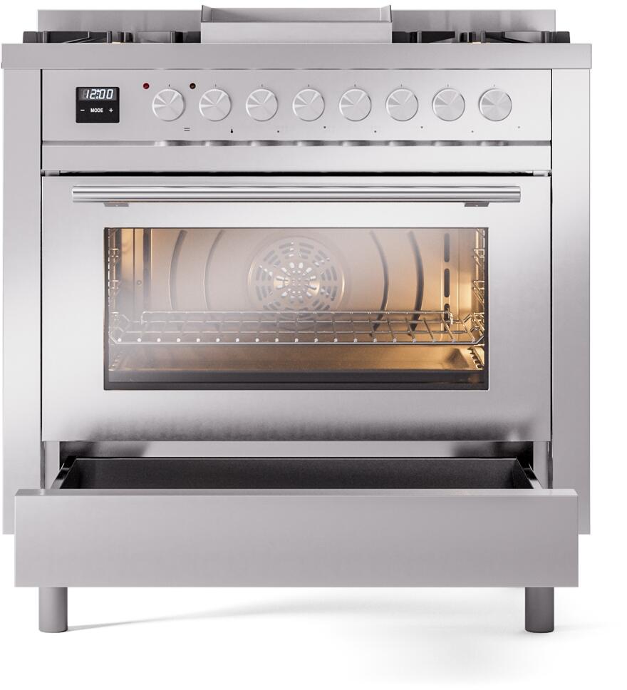 Stainless steel freestanding gas range with oven door open and empty oven cavity
