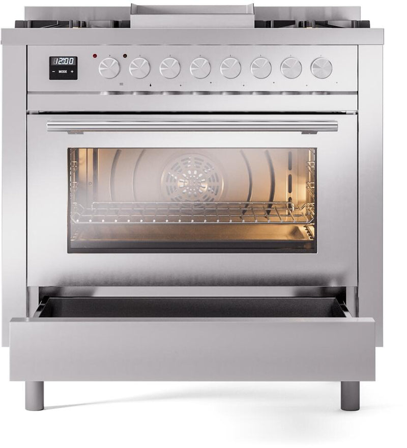 ILVE Professional Plus II 36-Inch Freestanding Dual Fuel Range with 6 Sealed Burner in Stainless Steel (UP36FWMPSS)