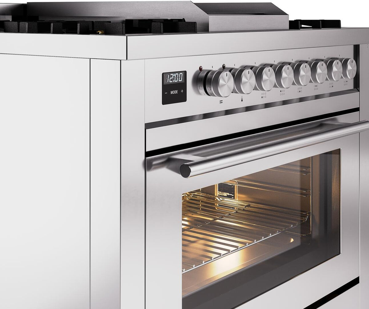 Stainless steel freestanding gas range front with control knobs and oven window
