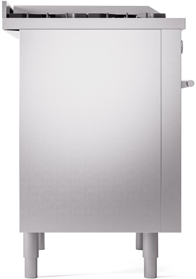 Back view of stainless steel freestanding gas range with leveling legs