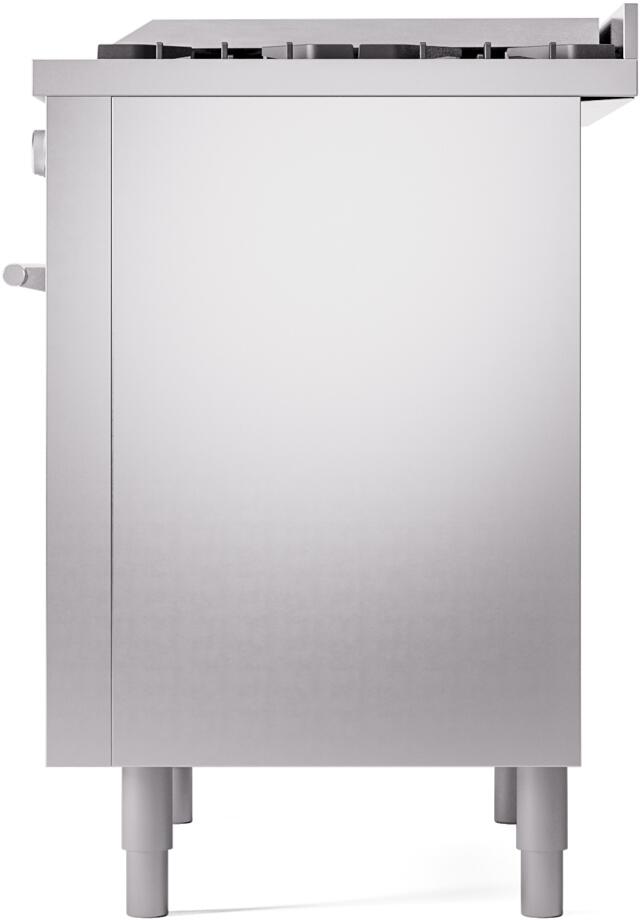 Side view of stainless steel freestanding gas range with leveling legs
