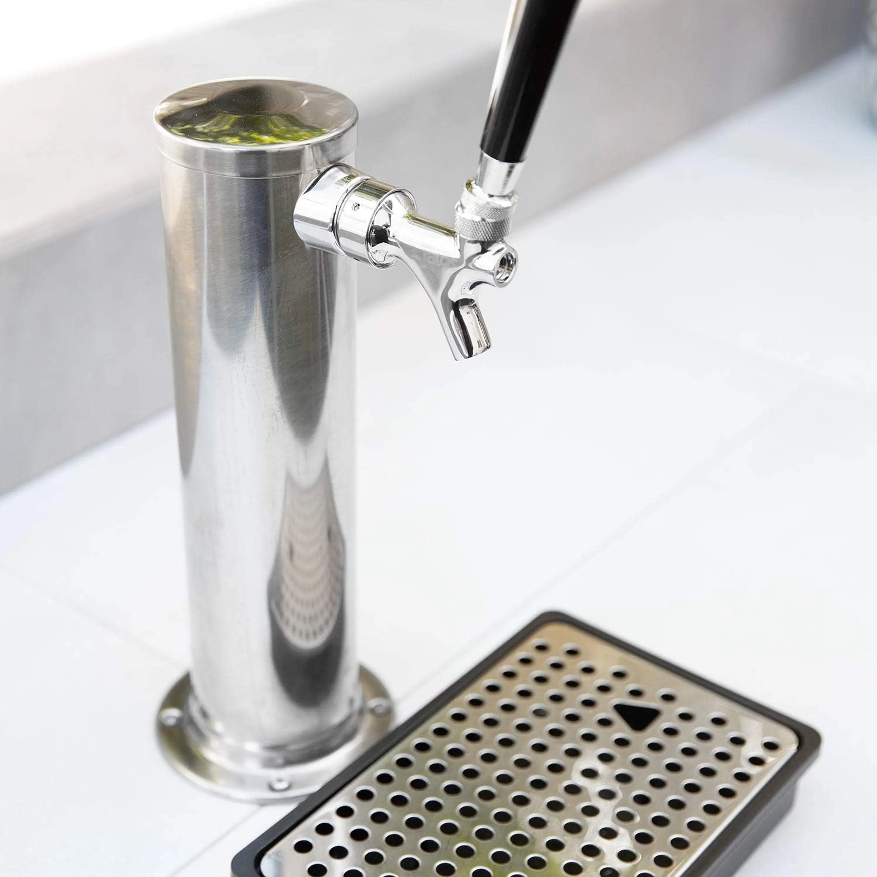 Stainless steel kegerator tap tower with chrome faucet and perforated drip tray
