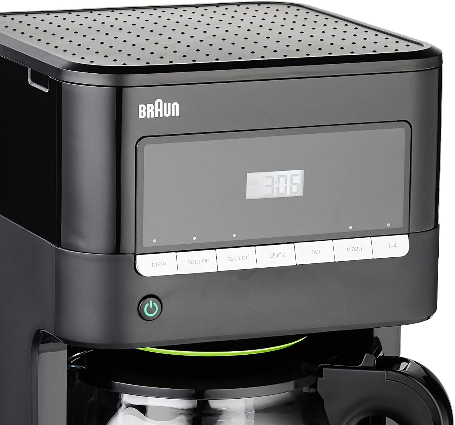 Braun 12-cup drip coffee maker control panel close-up with digital time display