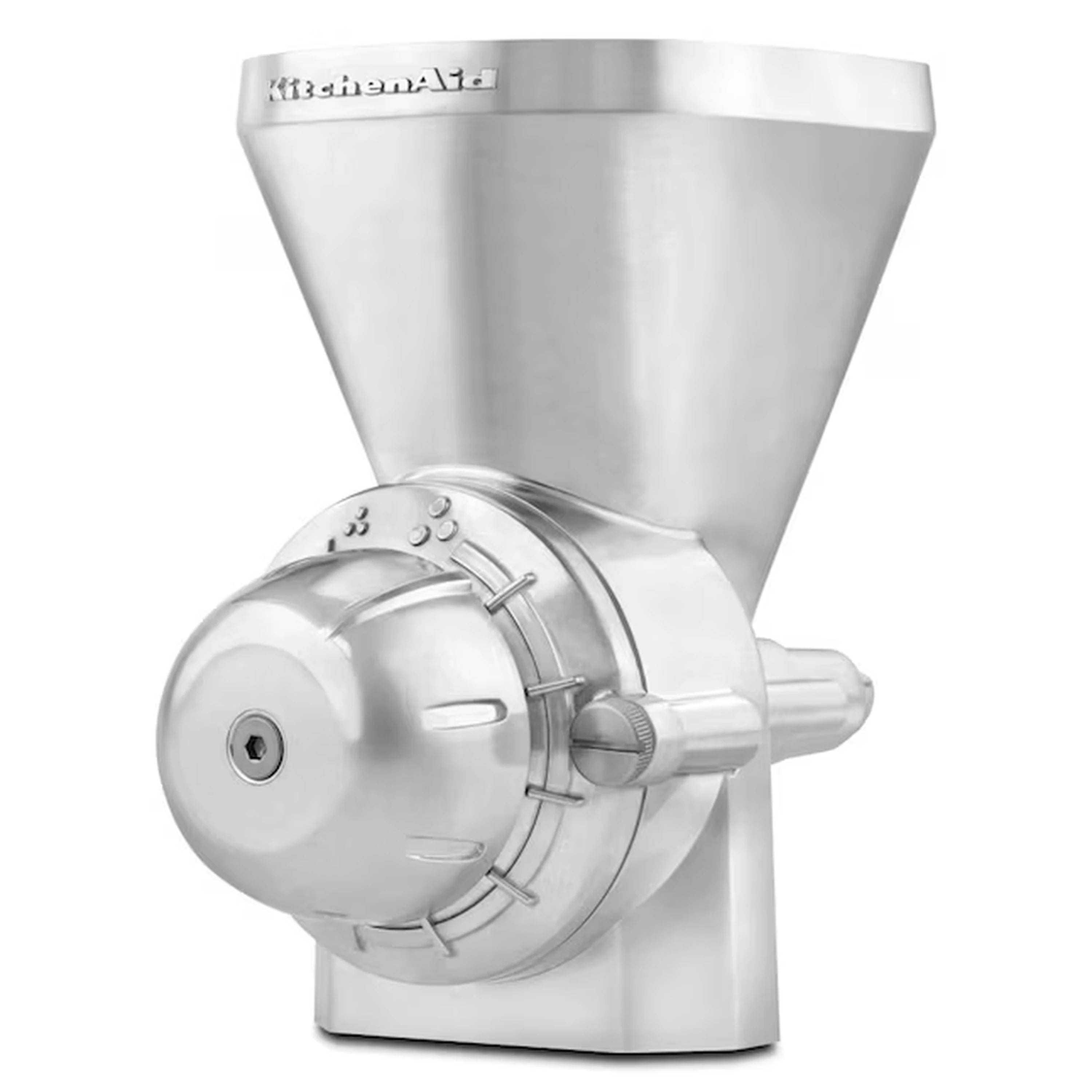 Stainless steel grain mill housing with side adjustment knob