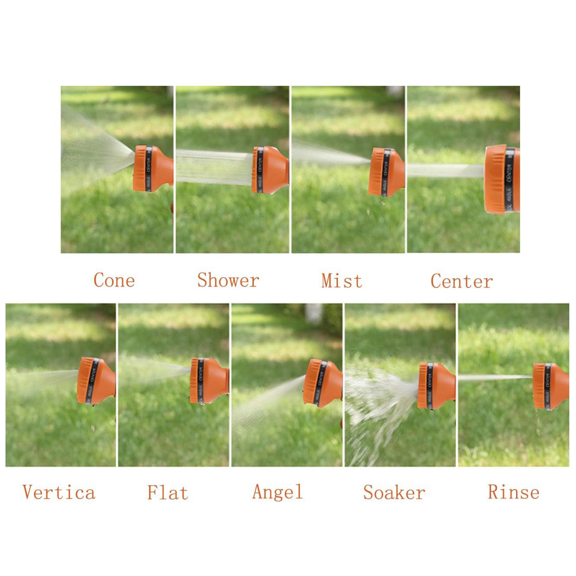Orange garden hose nozzle showing multiple spray settings with water streams