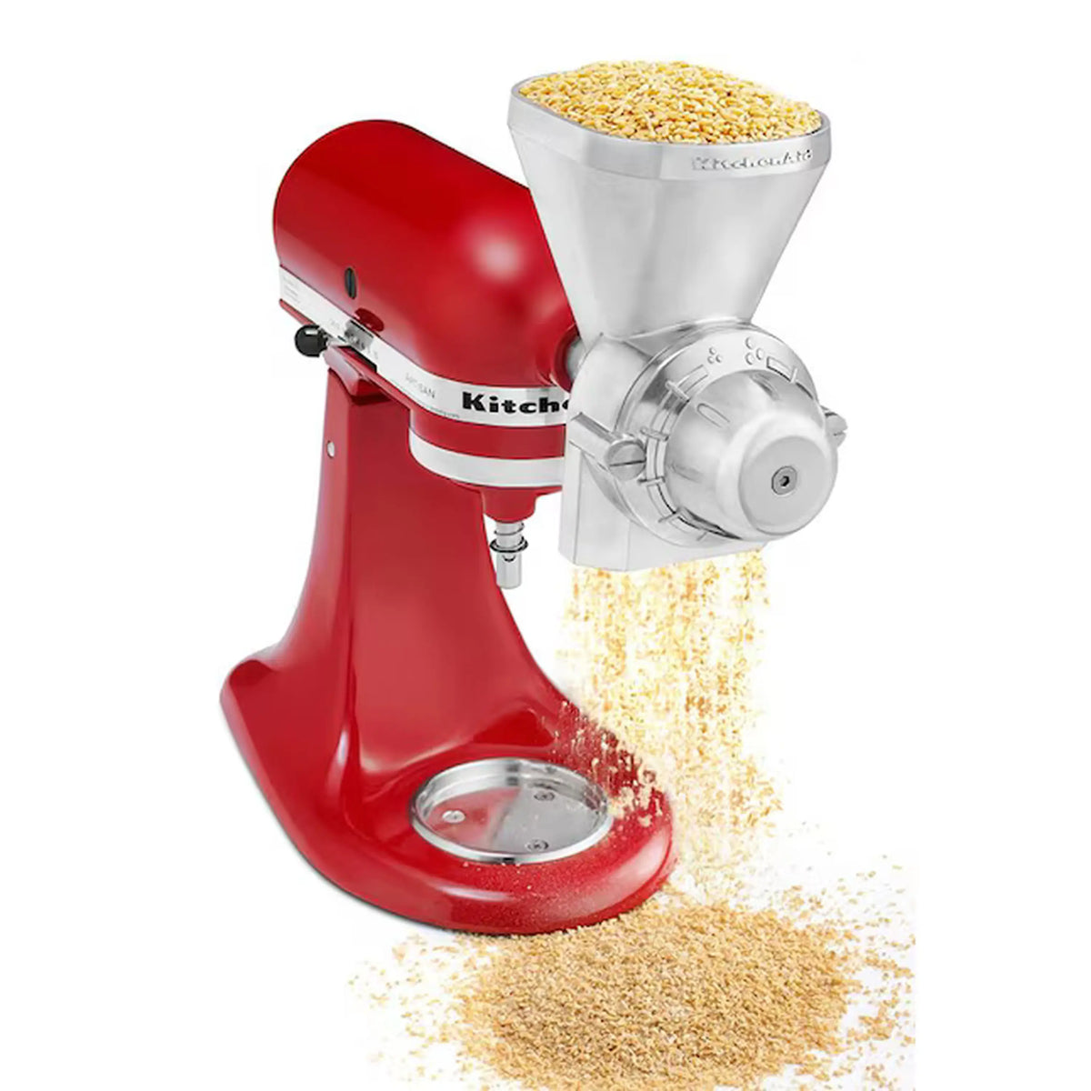 Red stand mixer with metal grain mill, grain pouring from hopper