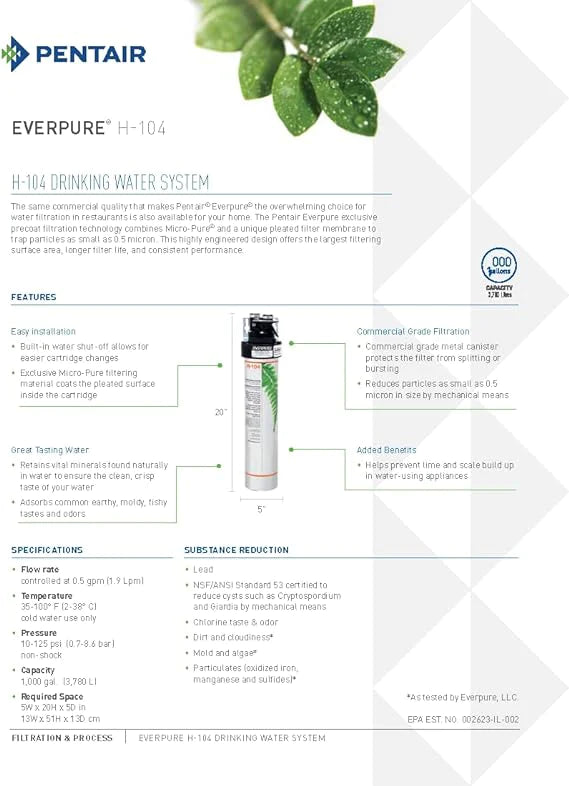 Everpure H-104 drinking water system filter cartridge with printed specifications and features