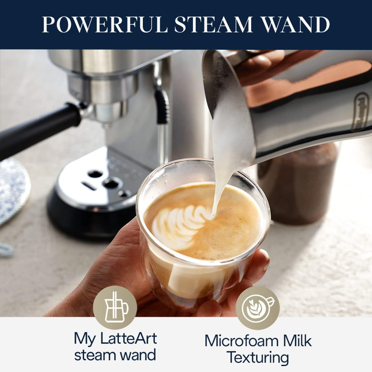 Steam wand creating microfoam milk texture in a latte cup held by hands