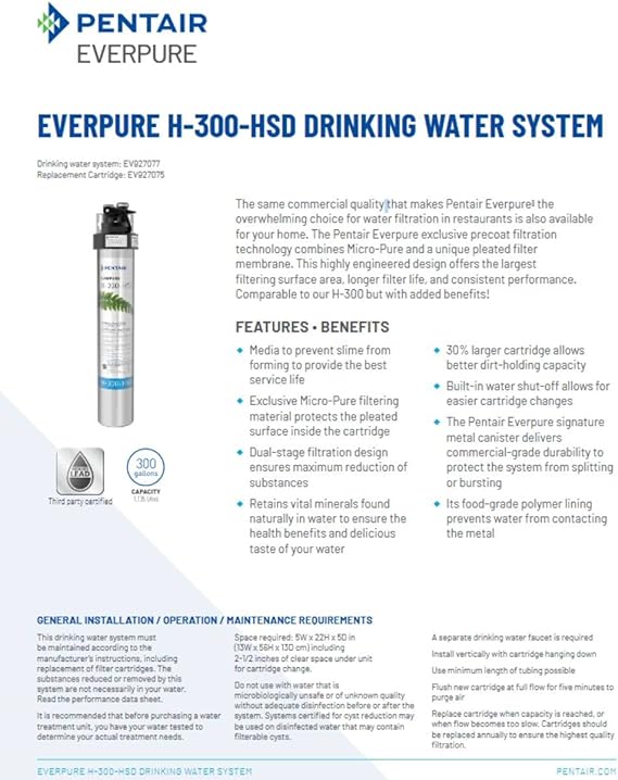 Pentair Everpure H-300-HSD Quick-Change Filter Cartridge, For Use in Everpure H Series Drinking Water Systems, 300 Gallon Capacity, 0.5 Micron (EV927075)