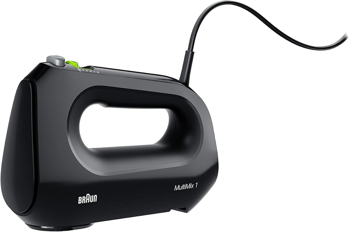 Black hand mixer housing with handle and cord, no attachments shown
