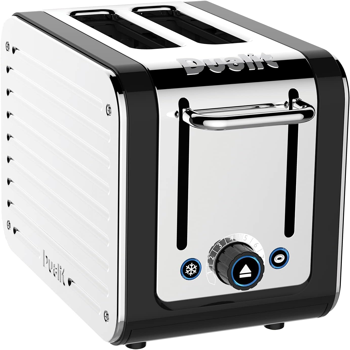 Dualit 2-slice toaster in chrome and black with lever and control knobs