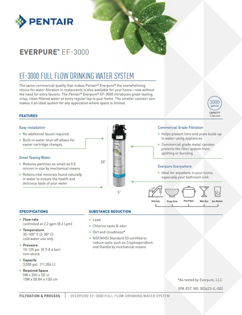 Pentair Everpure EF-3000 Quick-Change Filter Cartridge, EV985750, For Use in Everpure EF-3000 Full Flow Drinking Water System, 3,000 Gallon Capacity, 0.5 Micron