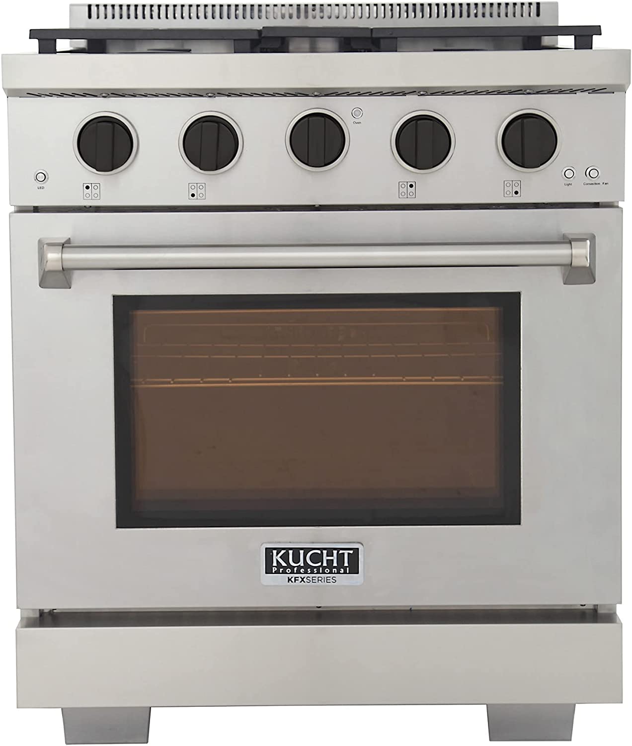 Stainless steel 30-inch propane gas range with black knobs and oven window view